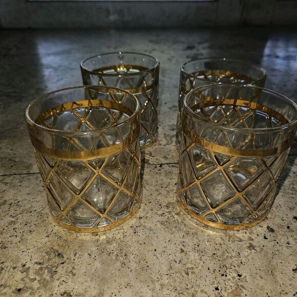 4 Altuzarra 18K Gold Lattice Low Ball Cocktail Glasses Hollywood Regency VTG - Picture 3 of 7